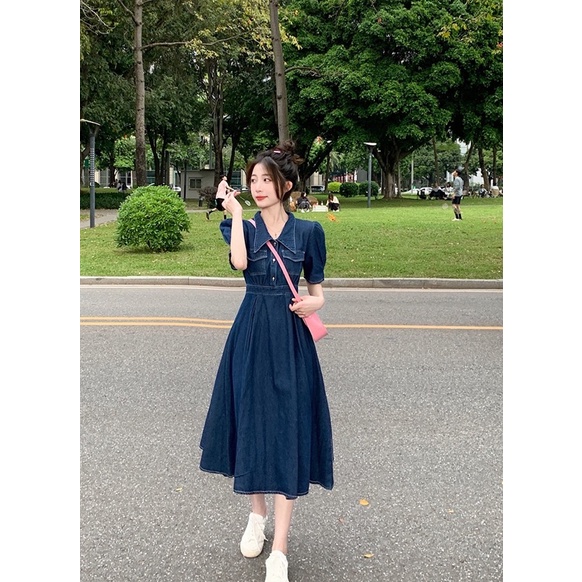 Đầm maxi jean xanh đậm 2 túi big size lớn cổ sơ mi 65-90kg