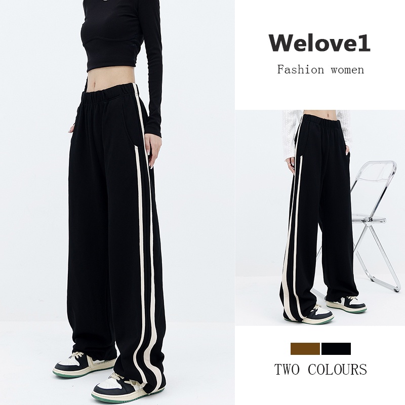 Quần Dài cotton Ống Rộng Họa Tiết Kẻ Sọc Màu Đen Phong Cách retro Mỹ Thời Trang Cho Nữ