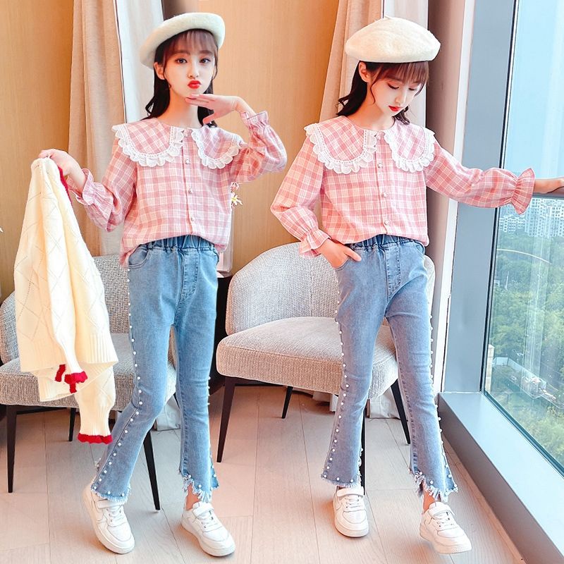 Set Áo Sơ Mi Tay Dài Cổ Sen Họa Tiết Sọc Caro Và Chân Váy Thời Trang Xuân Thu Cho Bé Gái