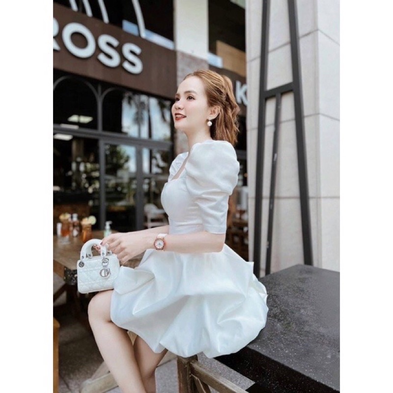 Váy nữ trắng đầm dự tiệc tay bồng dáng xoè sexy siêu xinh