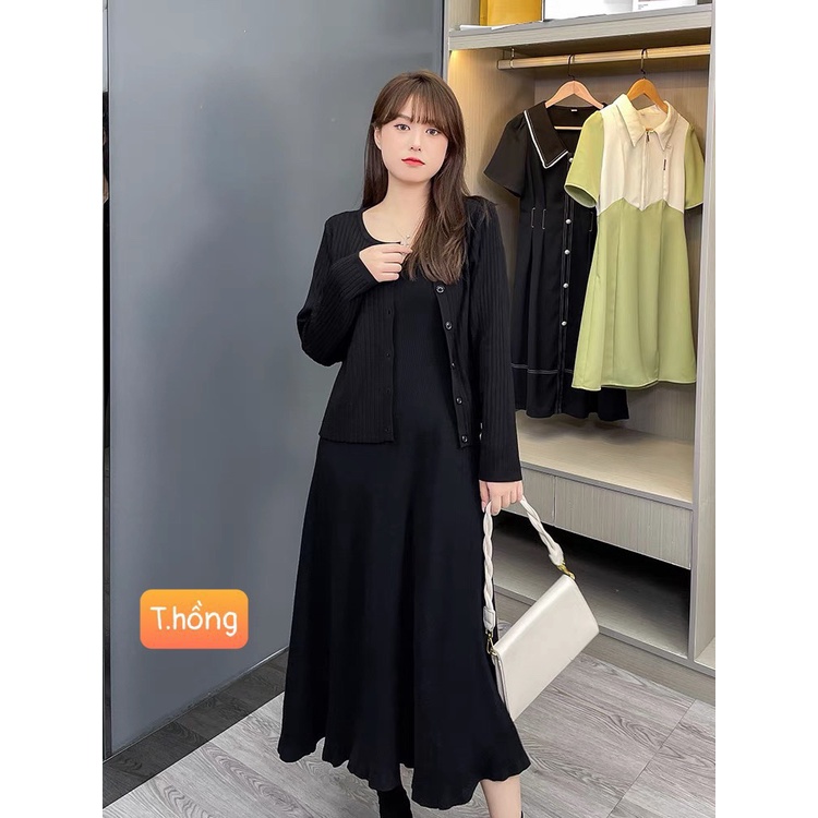 Váy Bầu Đầm Bầu Thu Đông Quảng Châu Cao Cấp. Cặp 2in 1- Áo Caridigan, Váy 2 Dây, Phong Cách Hàn Quốc Siêu Xinh A110