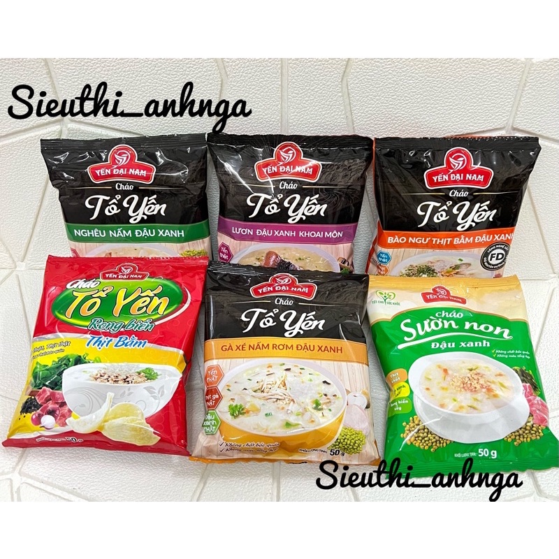 Cháo ăn liền tổ yến bào ngư thịt bằm đậu xanh, tổ yến rong biển, cháo sườn non Yến Đại Nam 50GR.