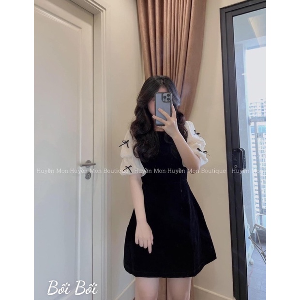 Váy Nhung Nơ Tay Cao Cấp