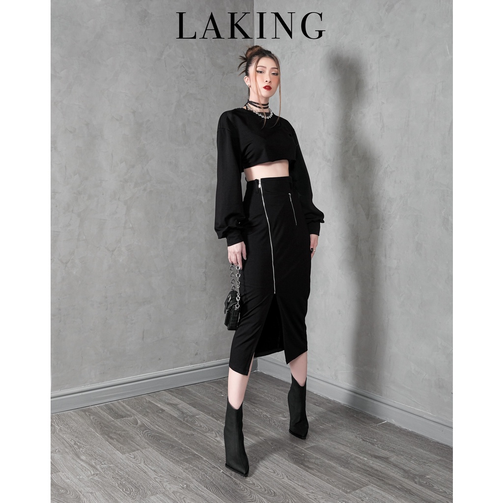 Set thun đen áo croptop phối váy bút chì khóa kéo trước Laking House