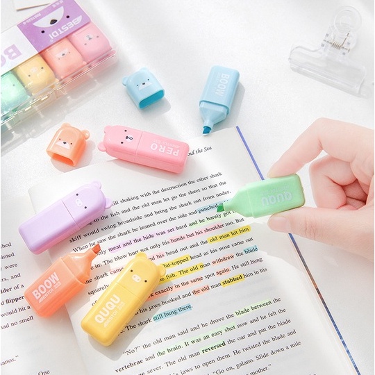 Box bút NHỚ - HIGHLIGHT hình gấu cute. Bút nhớ mini màu tươi sáng