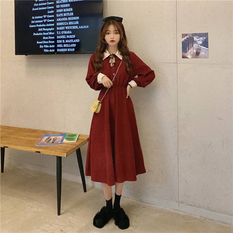 Váy babydoll Đầm Chữ A Tay Dài Ôm Eo Màu Sắc Tương Phản Phong Cách Pháp Cổ Điển Thời Trang Mùa Đông 2020 Cho Nữ