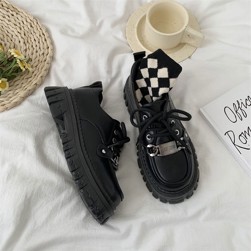 Giày Da Đế Xuồng Màu Đen Phong Cách Mary Jane