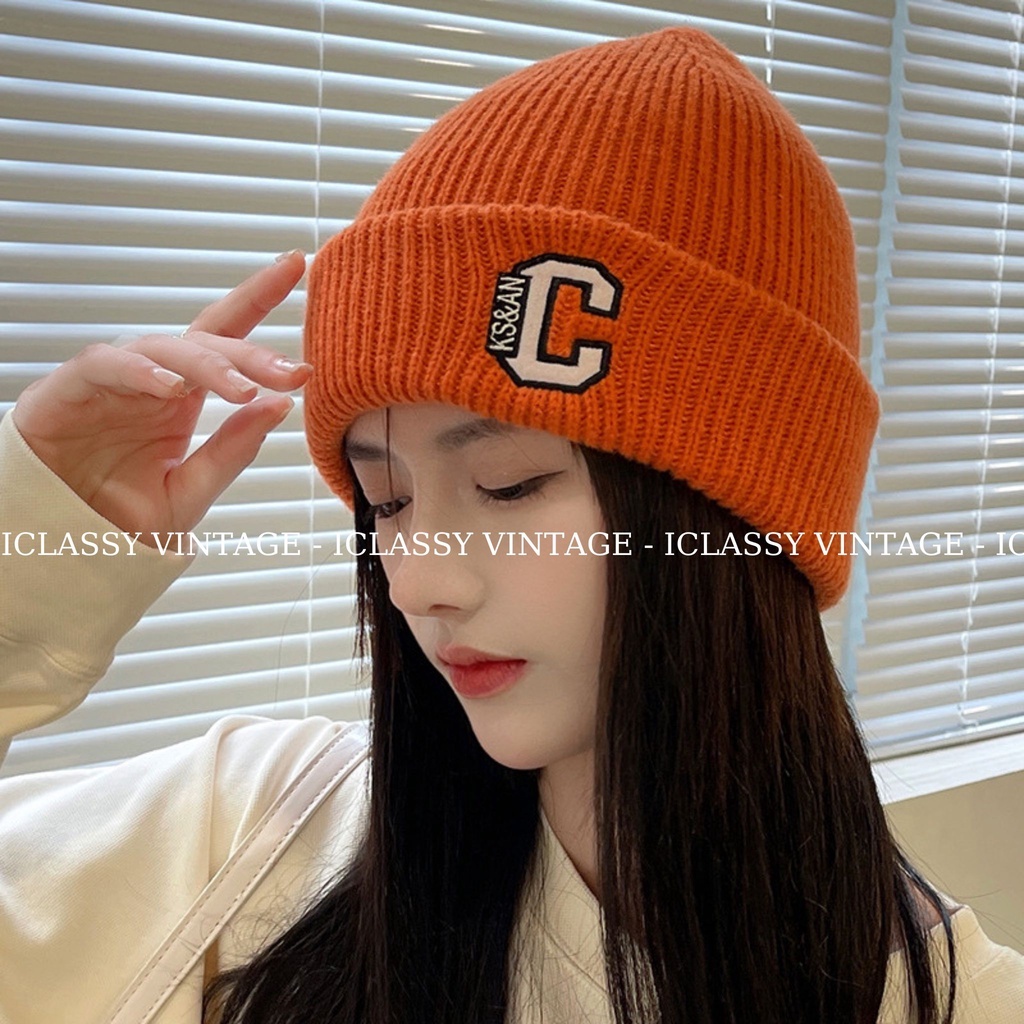 Mũ Len Nam Nữ Ulzzang Vintage Cao Cấp, Mũ Thêu chữ C 9 Màu Phong Cách Hàn Quốc - Iclassy_shoes