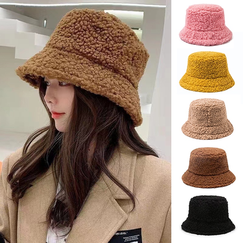 Korean Fashion Wool Furry Hat Bucket Cap Fisherman Round Hats Casual Women Solid Beautiful Winter Warm