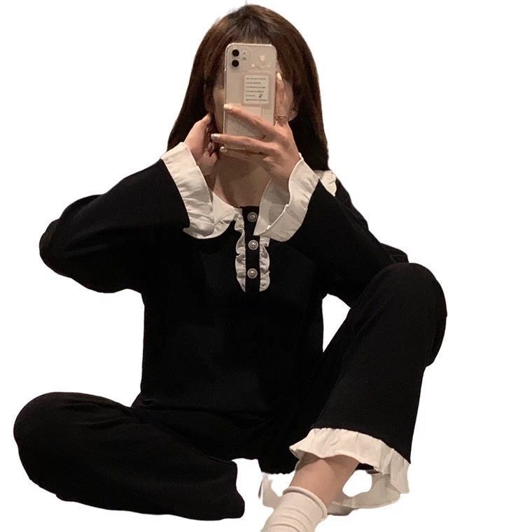 Bộ Đồ Ngủ Tay Dài Phối Ren Hoa Sen Màu Xám Dễ Thương Thời Trang Xuân Thu Phong Cách Hàn Quốc Cho Nữ