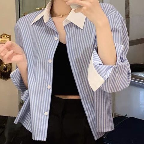 Áo Sơ Mi Dài Tay Họa Tiết Kẻ Sọc Phối Màu Trắng Xanh Thời Trang Phong Cách Mới Cho Nữ