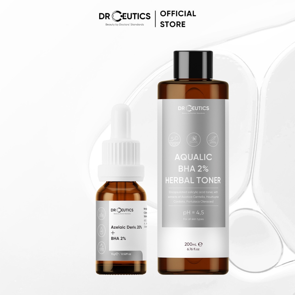 DRCEUTICS Combo Giảm Mụn Sưng Đỏ, Thâm Do Mụn - Serum Azelaic 20% (15ml) Và Dung Dịch BHA 2% Aqualic (200ml)