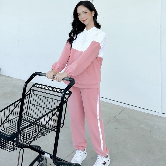 MEDYLA - Bộ đồ bầu mặc nhà Hoodie nỉ da cá cổ tròn phối 3 màu dày dặn cho bầu dạo phố -  DBH016