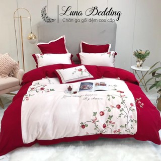 Bộ chăn ga cưới 7 món cao cấp thêu cành lựu đỏ may mắn luna bedding