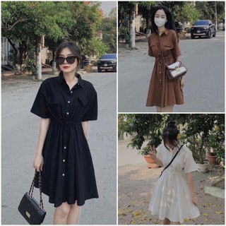 Váy sơ mi cộc tay cổ đức túi hộp dây rút eo, đầm suông dáng ngắn kiểu sơ mi phối 2 nắp túi