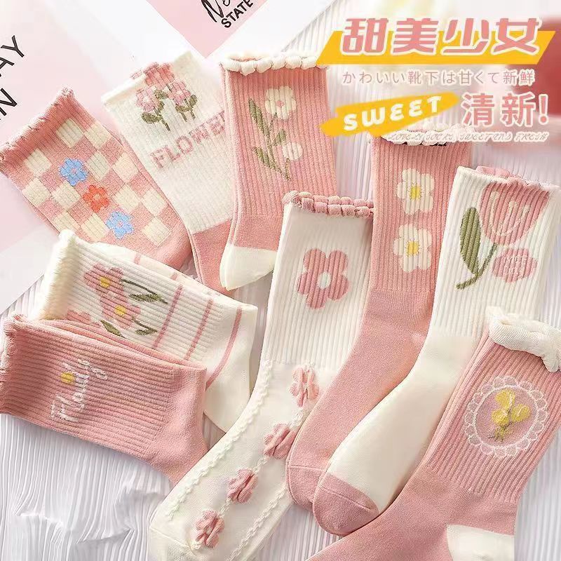 Vớ cotton Cổ Cao Phối Ren Họa Tiết Hoạt Hình Dễ Thương Phong Cách Hàn Quốc Thời Trang Cho Nữ