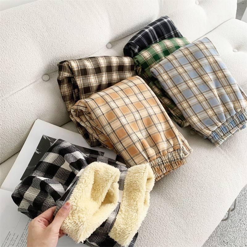 Quần Dài Lưng Cao Lót Lông Cừu Giả Lông Cừu Dày Họa Tiết Kẻ Sọc Thời Trang Mùa Đông Hàng Mới 2021