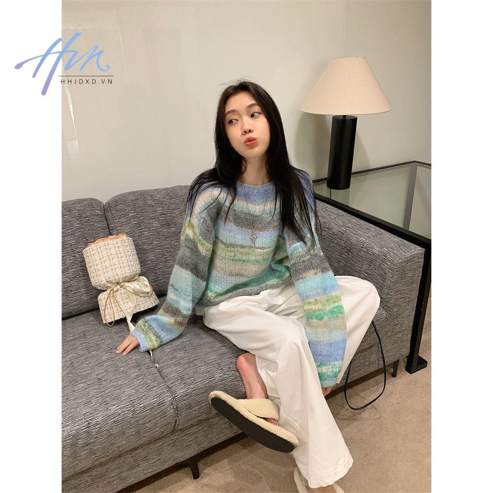 Áo dệt kim mềm tay dài dáng rộng họa tiết màu nhuộm trẻ trung thời trang mùa thu cho nữ