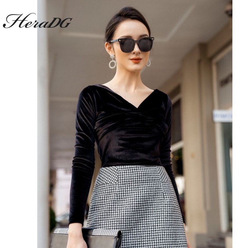 Áo Nhung Nữ HeraDG Dài Tay Thiết Kế Cổ Chữ V Ngực Xếp Ly Hiện Đại, Chất Liệu Mềm Mịn WAKBA019