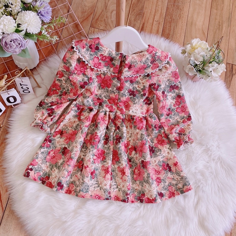 Váy thu đông cho bé gái từ 8-32kg chất nhung tăm in hoa đỏ cao cấp