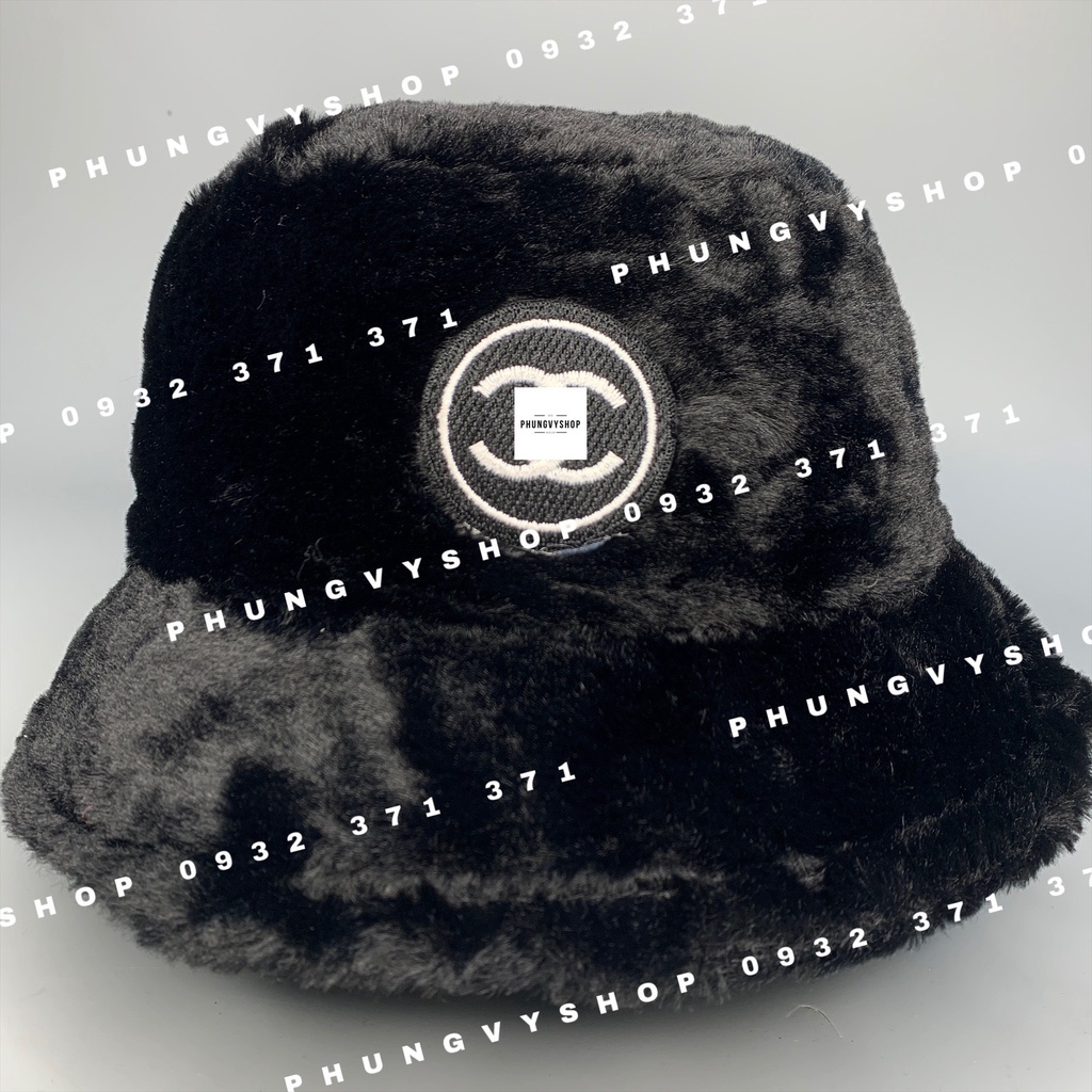 Mũ bucket cực hot unisex nam nữ mùa thu đông giữ ấm -BO LÔNG Lo Đen TRÒN THÊU NEO  - nón tai bèo vành