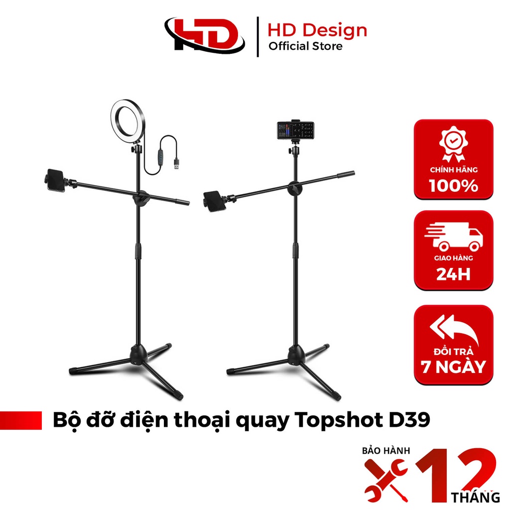 Bộ đỡ điện thoại quay Topshot D39 - Gậy livestream kiêm chân quay video chụp ảnh 360 độ - Chính Hãng HD Design