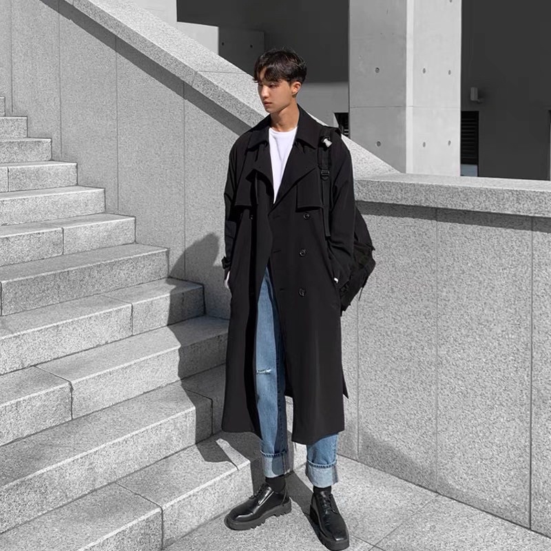 Áo Khoác Măng Tô Đen Nam Dáng Dài From Rộng Kiểu Dáng Basic Unisex Thời Trang Hàn Quốc