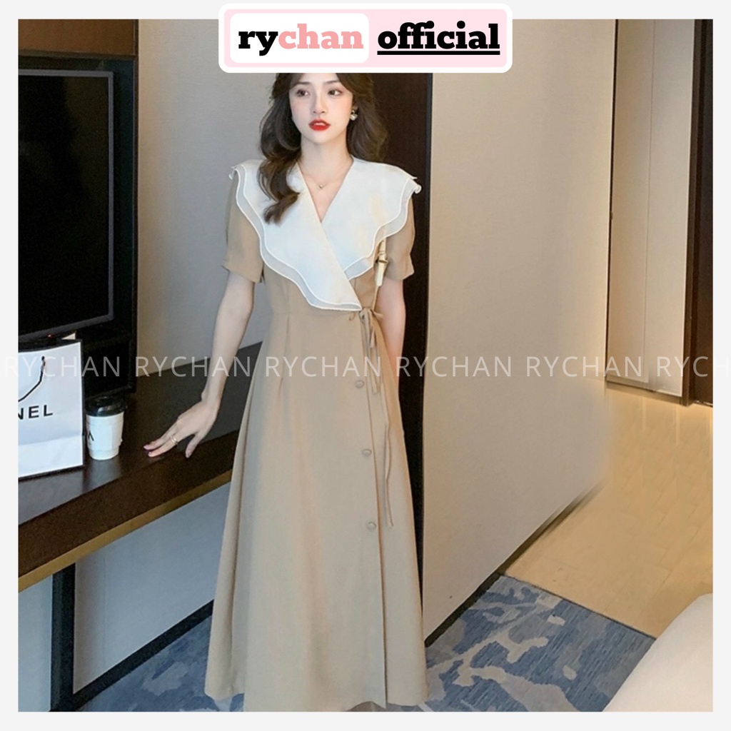 Đầm Nữ Thiết Kế Dáng Dài Nút Bọc Eo Thắt Nơ Sành Điệu, Đầm Màu Kem Tay Ngắn Cổ Phối Bèo Trắng Xinh Xắn-DX461