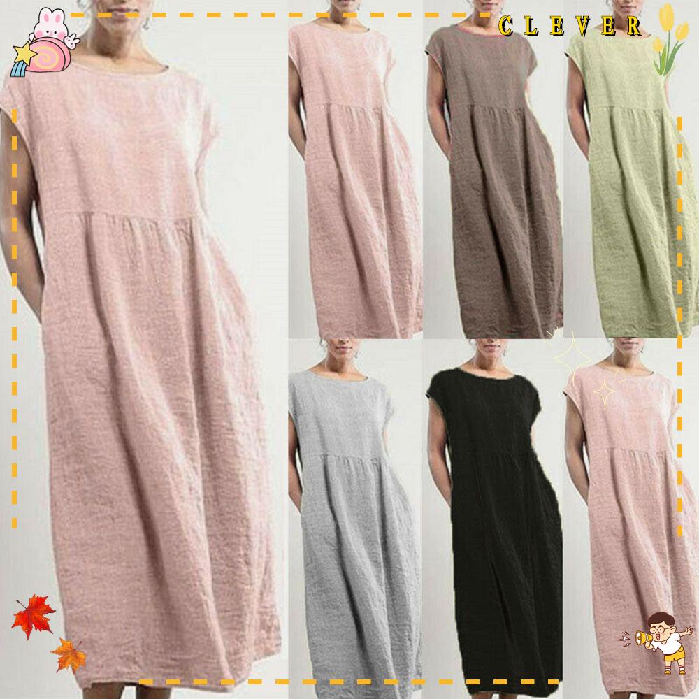 Đầm Dài Mùa Hè Plus Size Tay Cộc Có Túi Cho Nữ