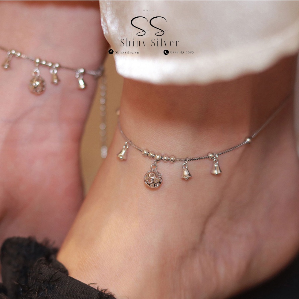 Lắc chân bạc nữ Shiny Silver hạt charm tua chuông, vòng chân nàng thơ đẹp tự nhiên