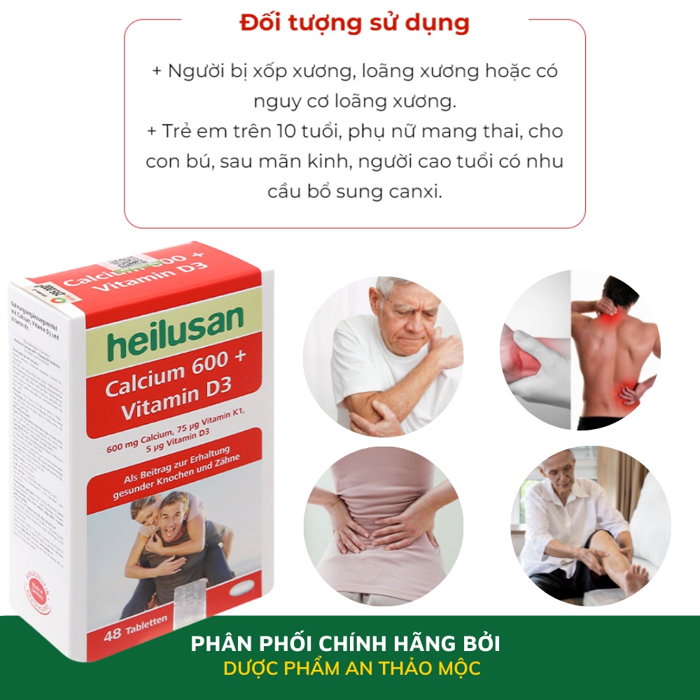 Viên uống Heilusan Calcium 600 Vitamin d3 bổ sung và hỗ trợ hấp thu canxi cho xương răng chắc khỏe giảm loãng xốp xuơng