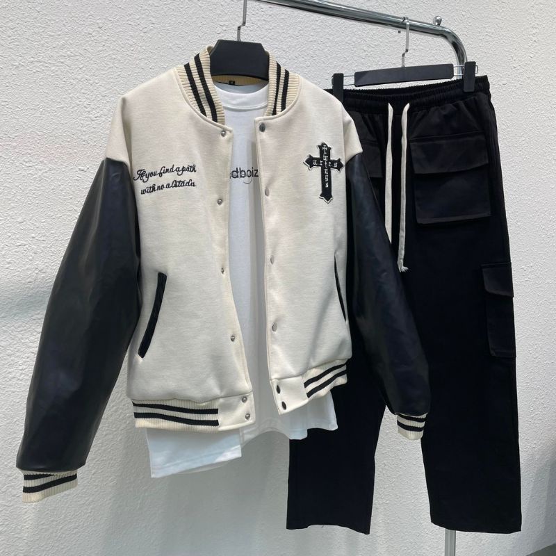 Áo Khoác varsity Thêu thánh giá vintage chất dạ 2 lớp phối tay da  cao cấp