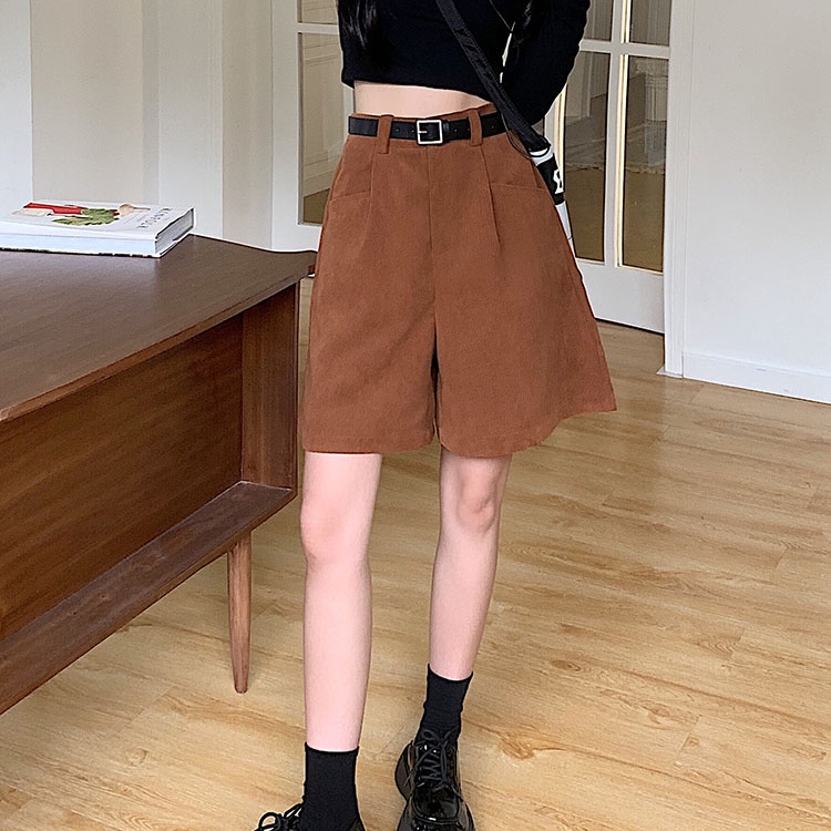 Quần short SUXI nhung kẻ lưng cao dáng rộng thời trang mùa thu cho nữ