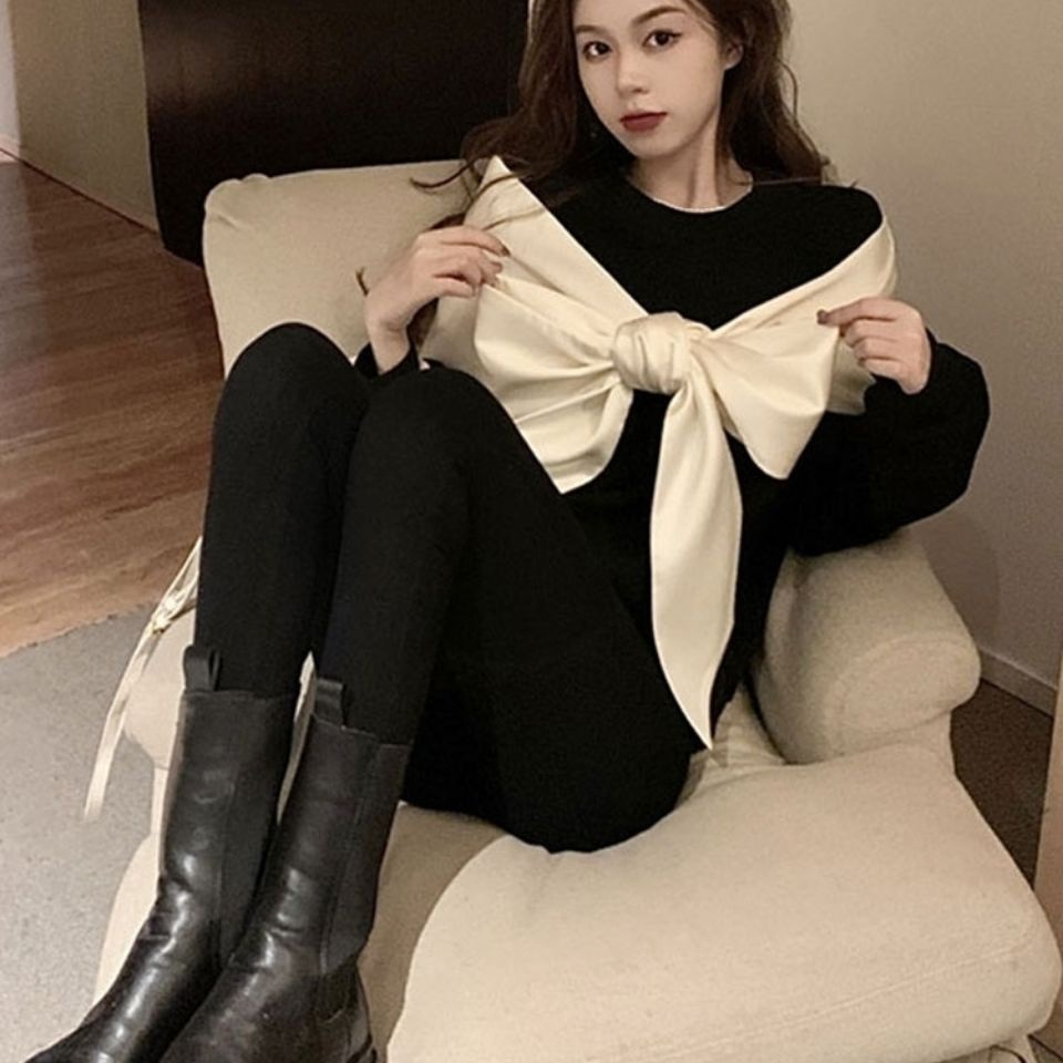 Plus Áo Sweater Tay Dài Dáng Rộng Phối Khăn Choàng Đính Nơ Thời Trang Xuân Thu Cho Nữ