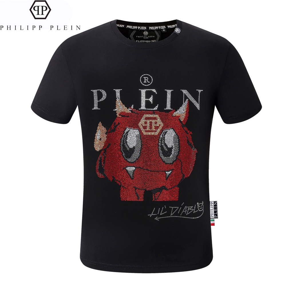 Mùa hè PHILIPP PLEIN Nam Cổ Tròn Ôm Thoải Mái Cotton Nguyên Chất Thoáng Khí Kim Cương PLEIN