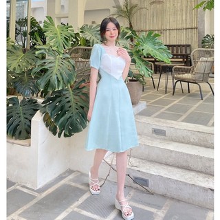 Đầm xanh cổ vuông đáng dài xòe tay phồng dự tiệc thiết kế công sở cao cấp đẹp Thời trang Lux W Xanh trái tim