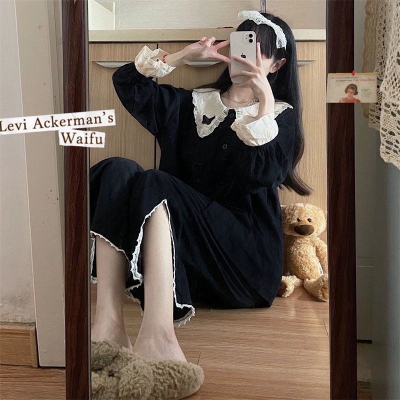 Bộ Đồ Ngủ Dài Tay Màu Đen Đính Nơ Thời Trang Xuân Thu Cho Nữ