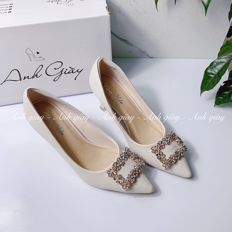 CG07 - Giày cưới, Giày cô dâu,Giày cao gót da lộn gót nhọn 7p nơ khoá vuông đá siêu sang , cực chắc chắn phù hợp dự tiệc