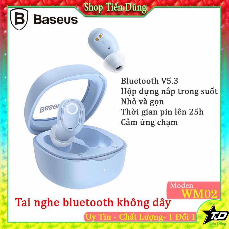 Tai nghe bluetooth BASEUS WM02 không dây V5.3 đời cao hiện nay TWS chống ồn, đốc sạc có nắp trong suốt Hàng Chính Hãng