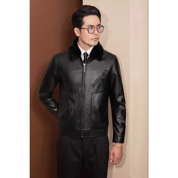 ÁO KHOÁC NAM ADAM STORE ĐEN DA CỔ LÔNG TÚI NGỰC CHÉO AK033
