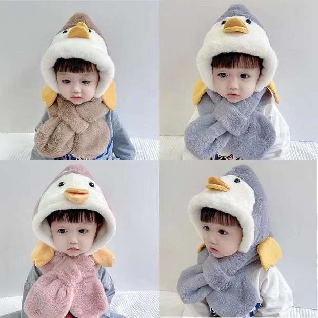 (Sẵn hàng) Mũ len chùm đầu liền khăn cho bé, nón lông cừu chùm đầu từ 1-5 tuổi hình con vịt dễ thương ấm áp MIINA