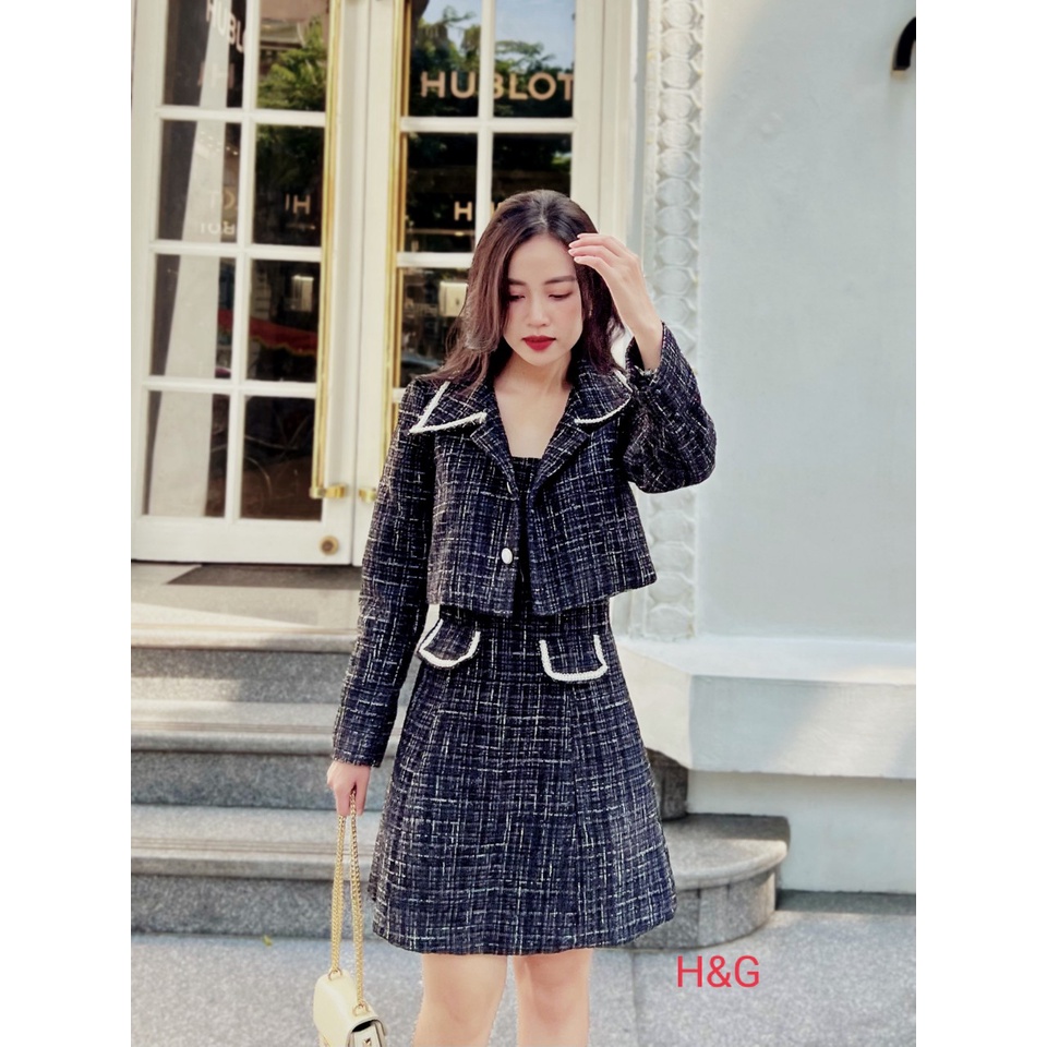 Set váy dạ kèm áo khoác ngoài, Set dạ xước 2 dây bản to siêu xinh phong cách thanh lịch sang trọng