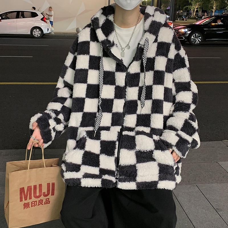 Áo khoác nam dáng rộng, áo khoác lông cừu nam kẻ caro thời trang phong cách Hàn Quốc