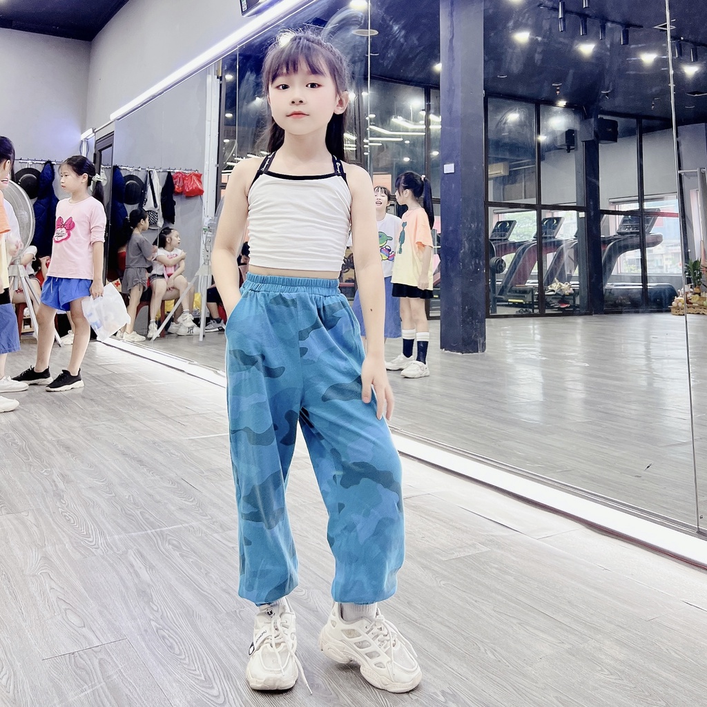 Set Bộ Thể Thao Áo Dây Croptop Quần Jogger Rằn Ri Tập Nhảy Hiện Đại TikTok ZumBa Cho Bé Gái 10-48kg FA079