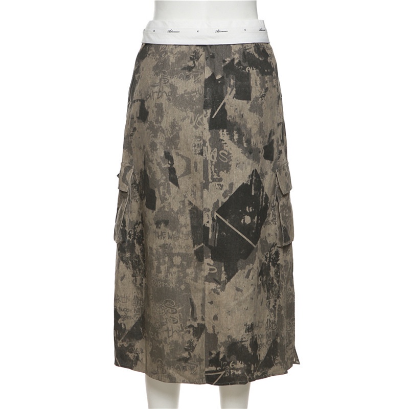 Chân Váy Xẻ Tà Lưng Cao In Chữ Phối Khóa Kéo Phong Cách Retro Đường Phố