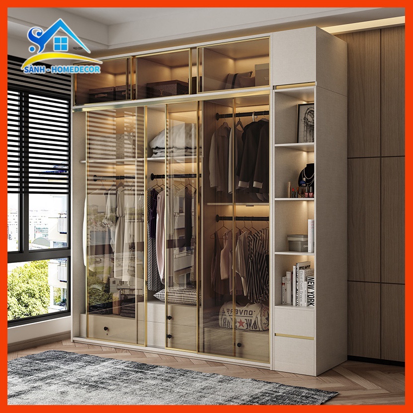 Tủ quần áo gỗ cánh kính cường lực khung nhôm cao cấp CHỌN MÀU, tủ quần áo Bắc Âu gỗ MFC/MDF An Cường phủ Melamin by SÀNH