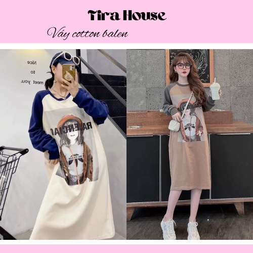 Váy suông in hình cô gái chữ balen chất thun loại 1 mùa thu đông dáng dài tay bo 3 màu dễ thương - Tirahouse