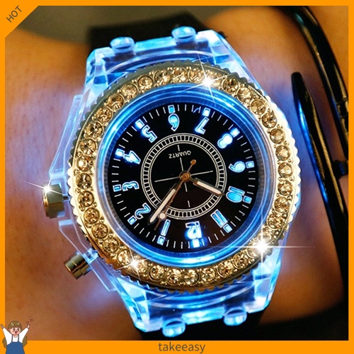 Đồng hồ Geneva đính đá thay đổi 7 màu dạ quang dành cho nam và nữ