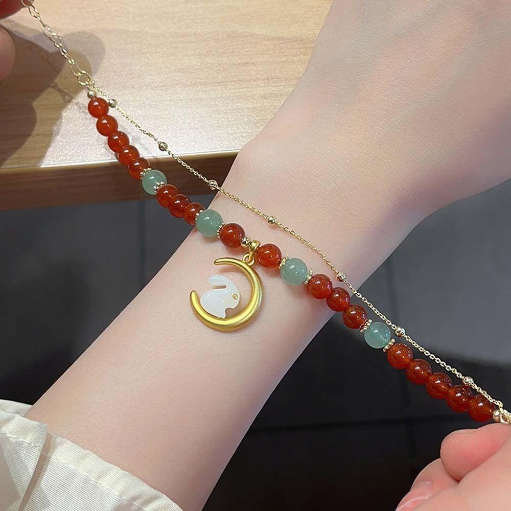 Vòng Tay Chuỗi Hạt Mặt Hình Thỏ Và Mặt Trăng Phong Cách Trung Hoa Sang Trọng Cho Nữ