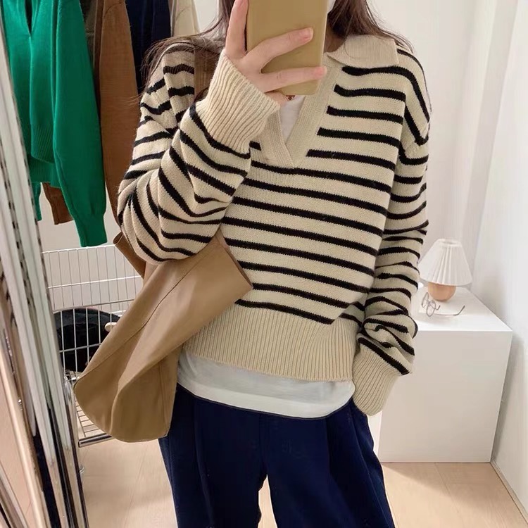 SUXI Áo Polo Dệt Kim Kẻ Sọc Màu Sắc Tương Phản Phong Cách Hàn Quốc Thời Trang Mùa Thu Cho Nữ